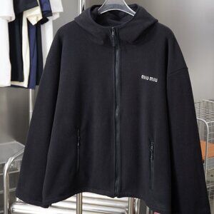 MIUMIU Solid Color Fleece Hooded Zip-Up Sweatshirt, Elastic Hem, Unisex, Navy Bl